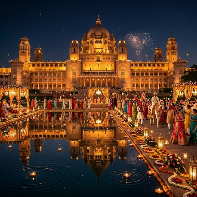 An Indian palace wedding lit up at night, reflected in a pool of floating diyas