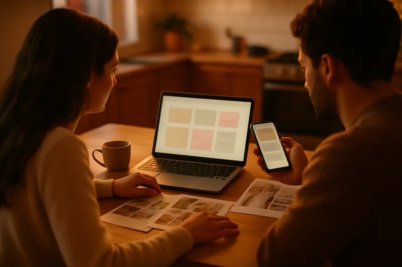 A couple planning their wedding on a laptop and phone at a kitchen table