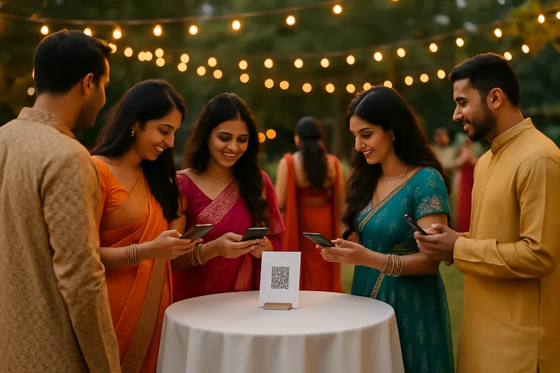 Guests in festive South Asian outfits checking the wedding itinerary on their phones under string lights