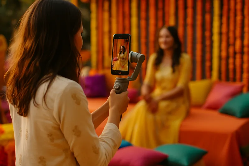 A content creator filming vertical video on a phone gimbal at a mehndi