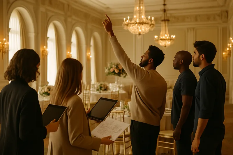 A wedding production team walking through a ballroom with tablets and plans