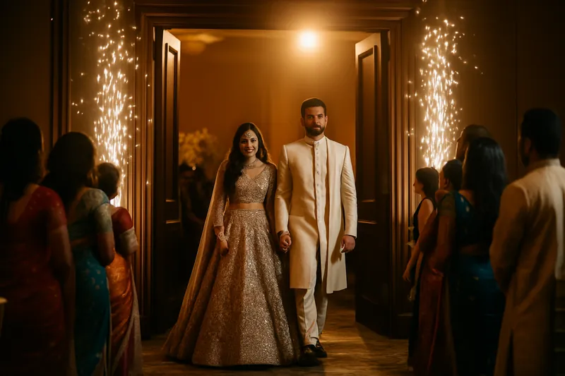 A bride in a lehenga and a groom in an ivory sherwani making their reception entrance with sparkle fountains