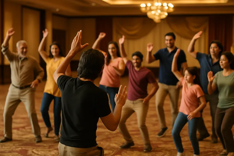 Grandparents, parents and cousins rehearsing a sangeet dance in a ballroom