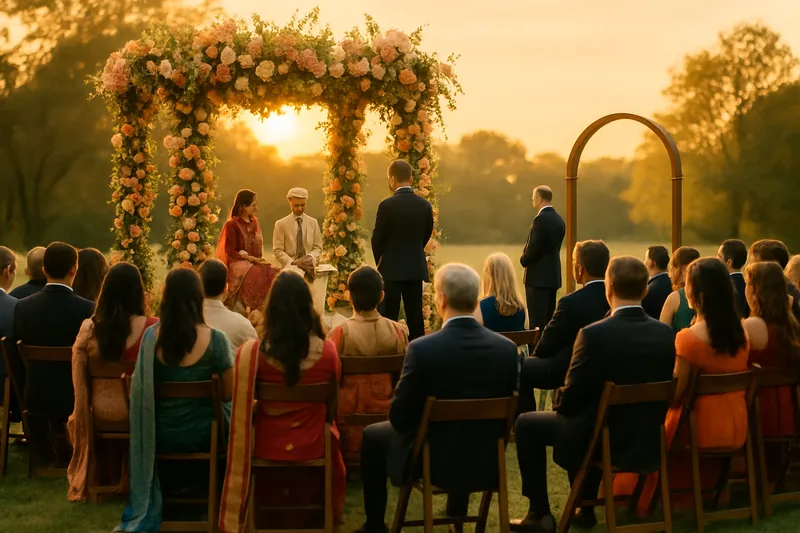 A fusion wedding ceremony outdoors at golden hour with guests in saris and suits