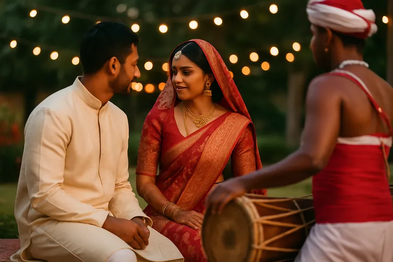 A South Asian wedding couple beside a drummer under string lights